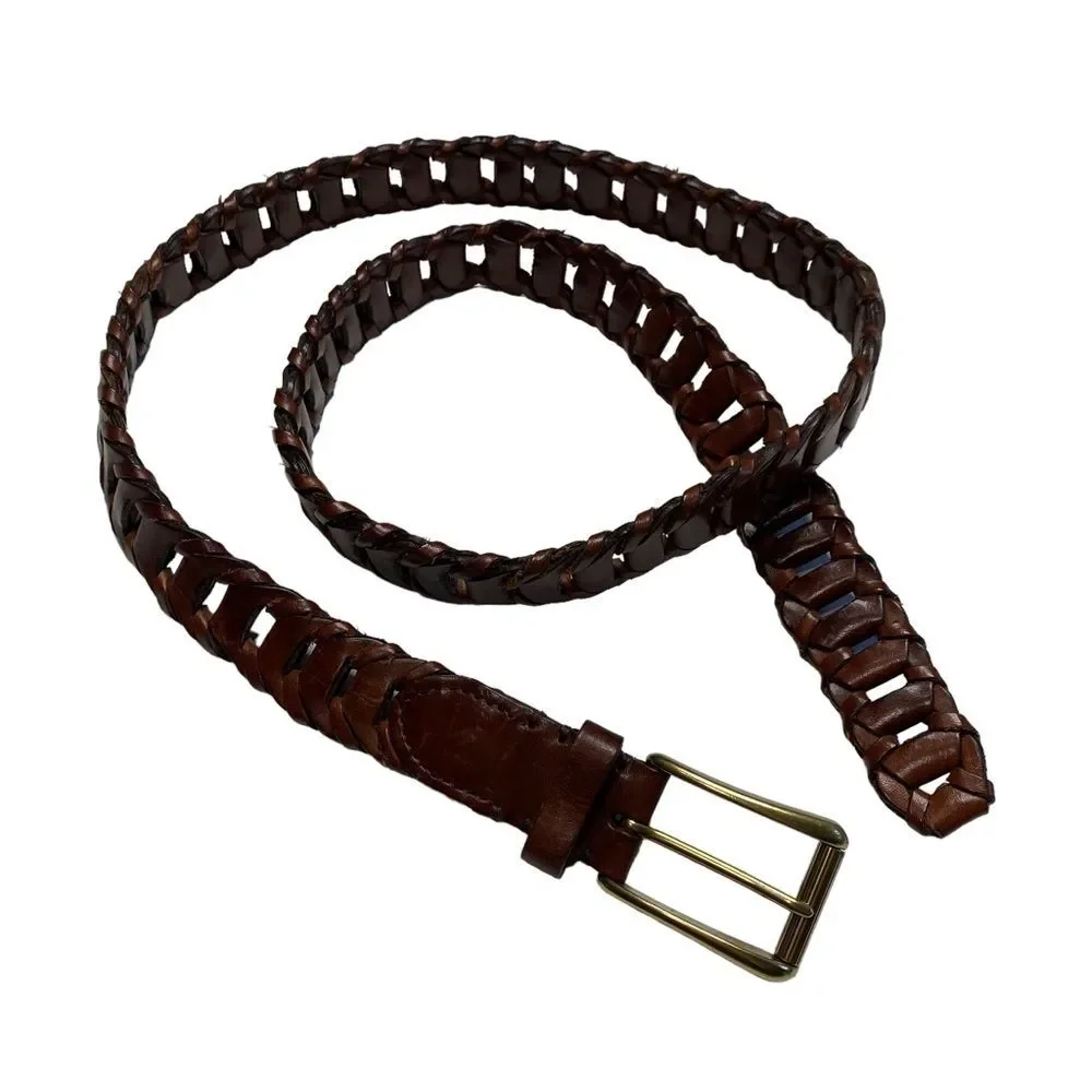 Cole Haan Men’s Brown Woven Leather Belt Solid Brass Buckle Sz 42